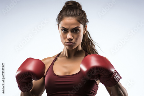 Attractive and confident woman boxer portrait in red gloves isolated on white backgeound