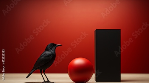 In a world of contrasting colors, a curious black bird perches atop a wall, gazing intently at a vibrant red ball, contemplating the wonders of the unknown