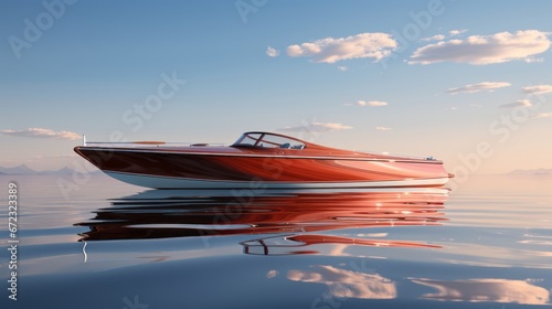 A fiery sunset illuminates the tranquil waters, as a majestic boat glides through the reflective surface, a symbol of freedom and adventure amidst the endless blue sky and fluffy white clouds © Envision