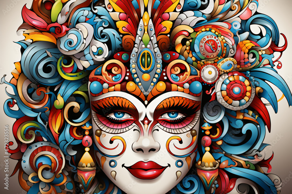 Colorful fantasy illustration of a woman with an ornate mask and swirling hair