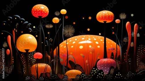 A glowing gathering of fiery fungi adorned with ghostly spots, evoking a whimsical sense of magic and mystery on a crisp autumn night photo