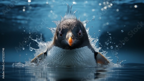 A lively penguin basks in the wildness of the great outdoors, playfully splashing water with its beak as it swims among its fellow feathered friends photo