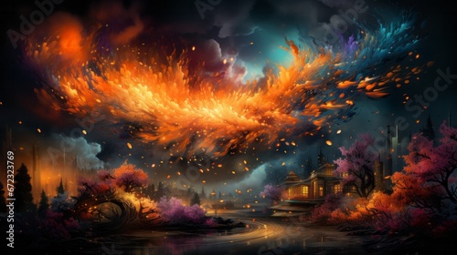 Amidst the dark night sky, a mesmerizing painting captures the fiery chaos of outdoor fireworks as they light up the sky, with a blazing fireball stealing the show