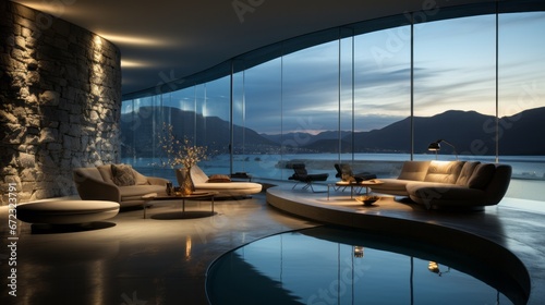 A sky-blue couch sits near the large window  its reflection dancing on the indoor pool as the mountains loom in the background  the furniture and architecture merging