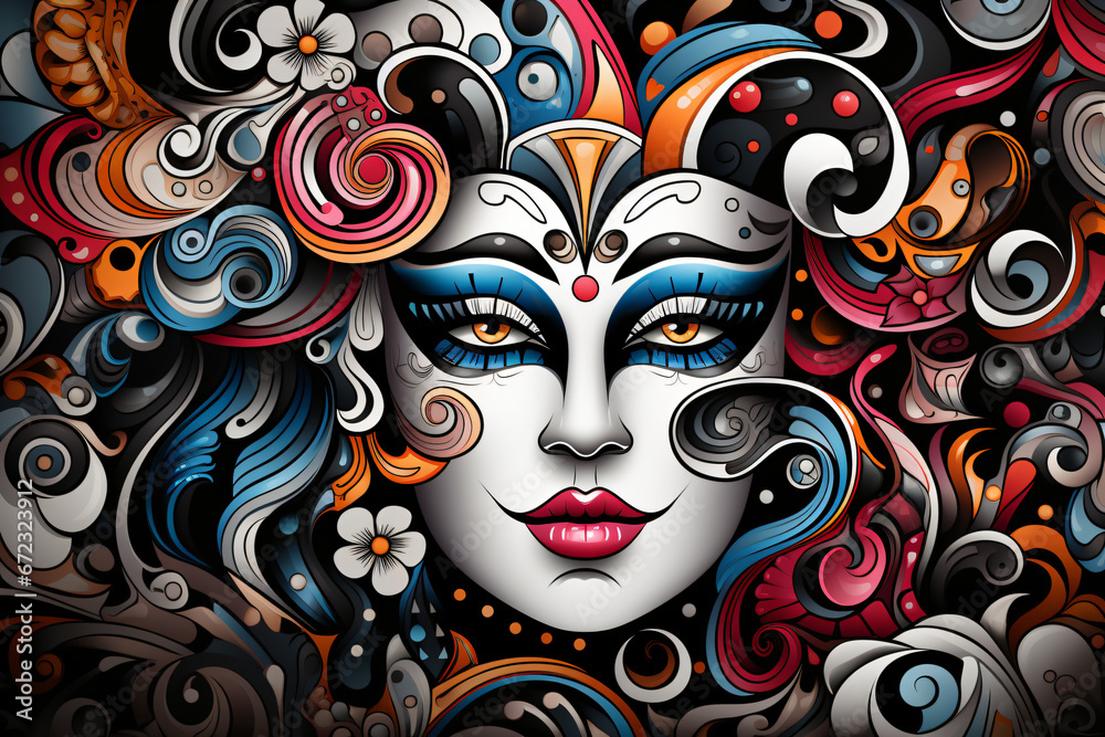 Colorful painted face with swirling designs and mystical elements