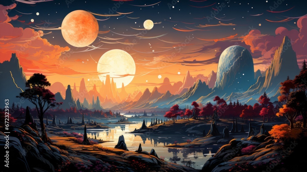 Obraz premium Immersed in the untamed beauty of a painting, the sky bleeds with the colors of a fiery sunset over a landscape adorned with majestic mountains, towering trees