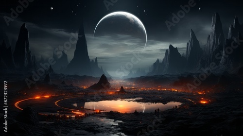 The ethereal glow of the moon illuminates the rugged peaks of the mountain range, casting a haunting aura over the fiery circle at its base in the dark and wild outdoor night sky photo