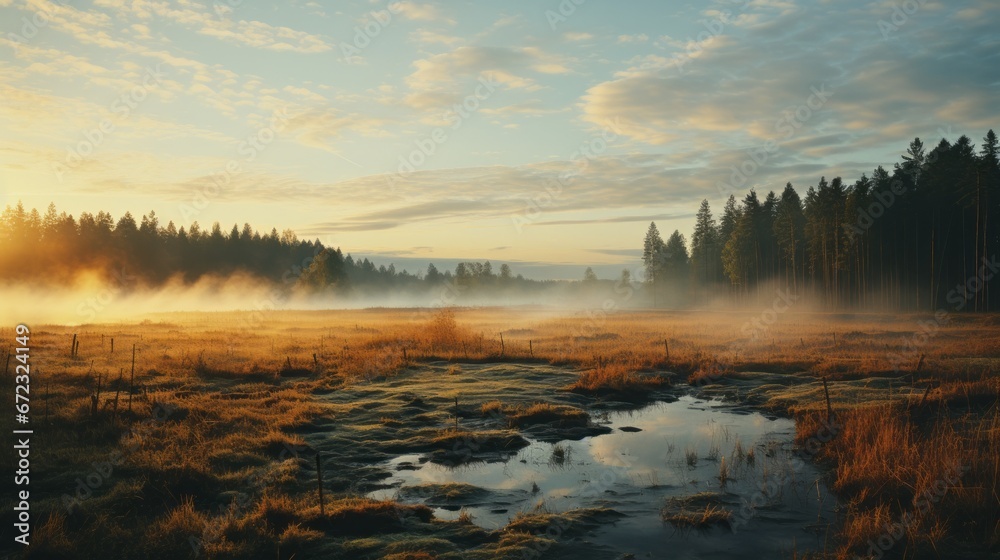 As the fog dissipates and the sun rises over the tranquil marsh, the wild landscape of trees, clouds, and water create a mesmerizing scene of untamed beauty and untold secrets