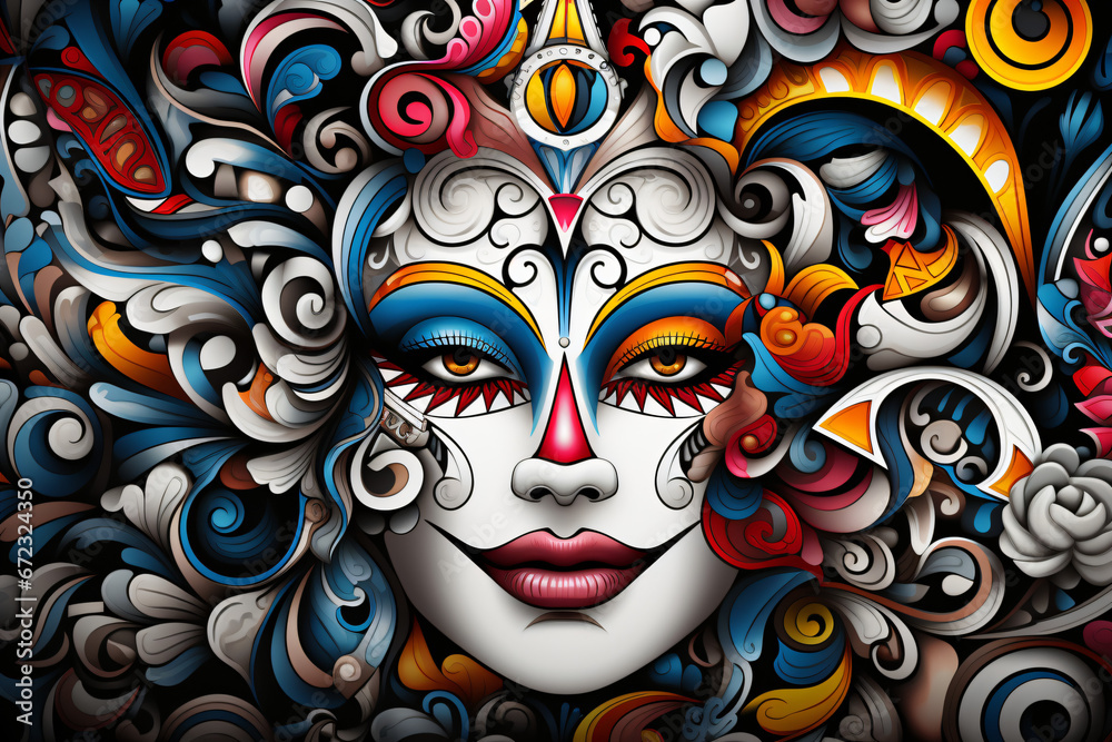 Colorful artistic representation of a female face with ornate details Colorful artistic representation of a female face with ornate details
