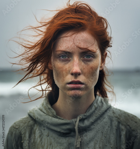 Young woman with red hair and freckles standing on the beach in the rain