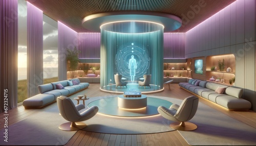 A serene and modern indoor spa, adorned with futuristic furniture and a beautiful vase, features a round table and chairs where one can relax and focus on mental wellbeing