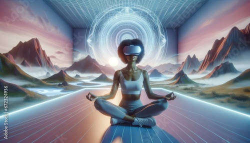 In a futuristic world  a woman finds solace and enhances her mental wellbeing through virtual reality goggles  depicted in a captivating cartoon animation with hints of anime