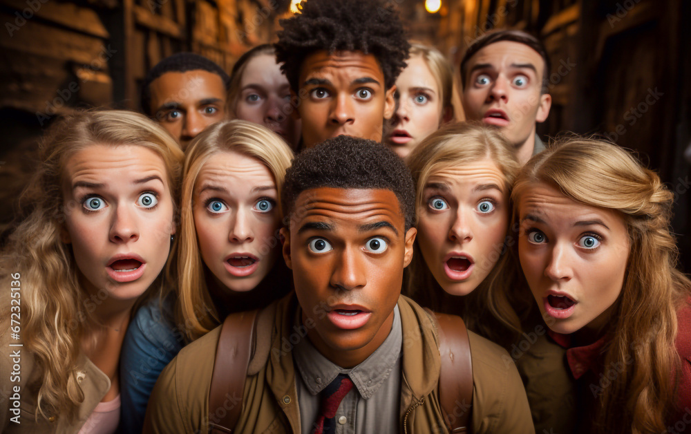 A group of people with an amazed and surprised look, eyes and mouths wide open