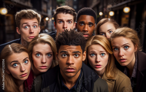 A group of people with an amazed and surprised look, eyes and mouths wide open