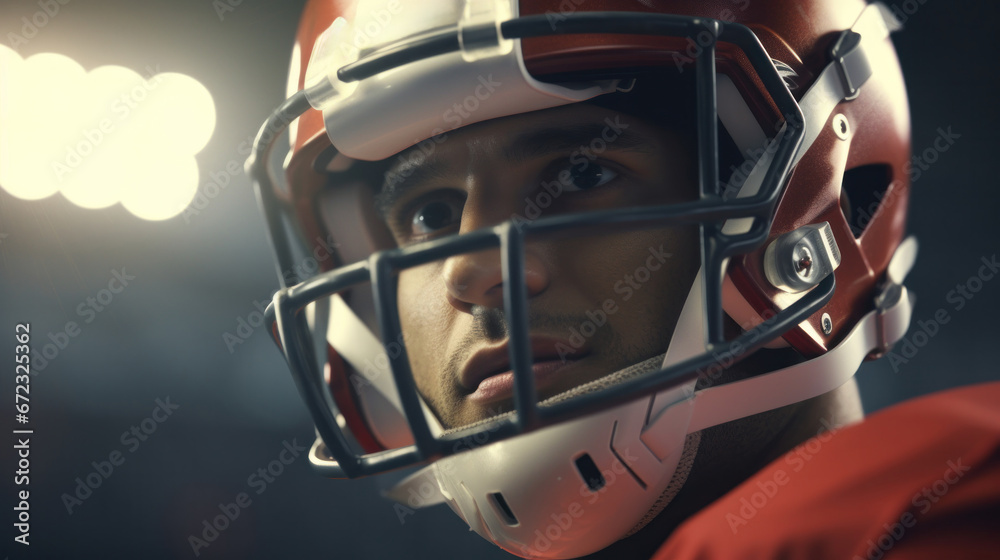 Championship Resolve: Intense Portrait of a Helmeted American Football Athlete Poised for Victory.