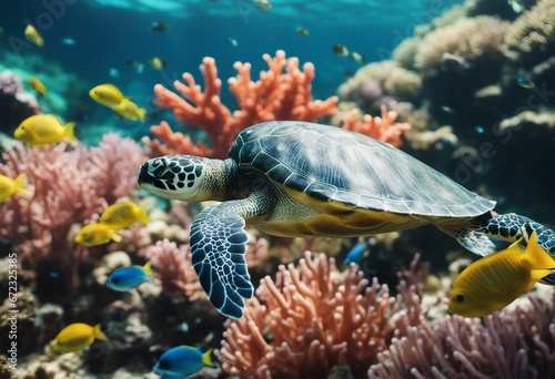 Turtle with group of colorful fish and sea animals with colorful coral underwater in ocean