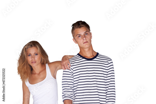 Fashion, couple and serious in portrait, face and cool or trendy, vintage and retro clothing. Man and woman, attitude and stylish or edgy by hipster, casual and isolated on transparent png background