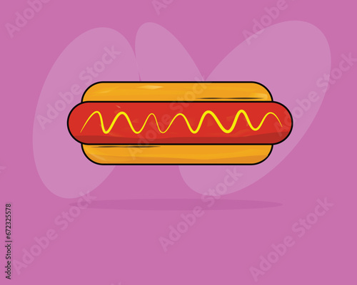 Vector of a freshly-prepared hot dog, topped with yellow mustard on a pink background