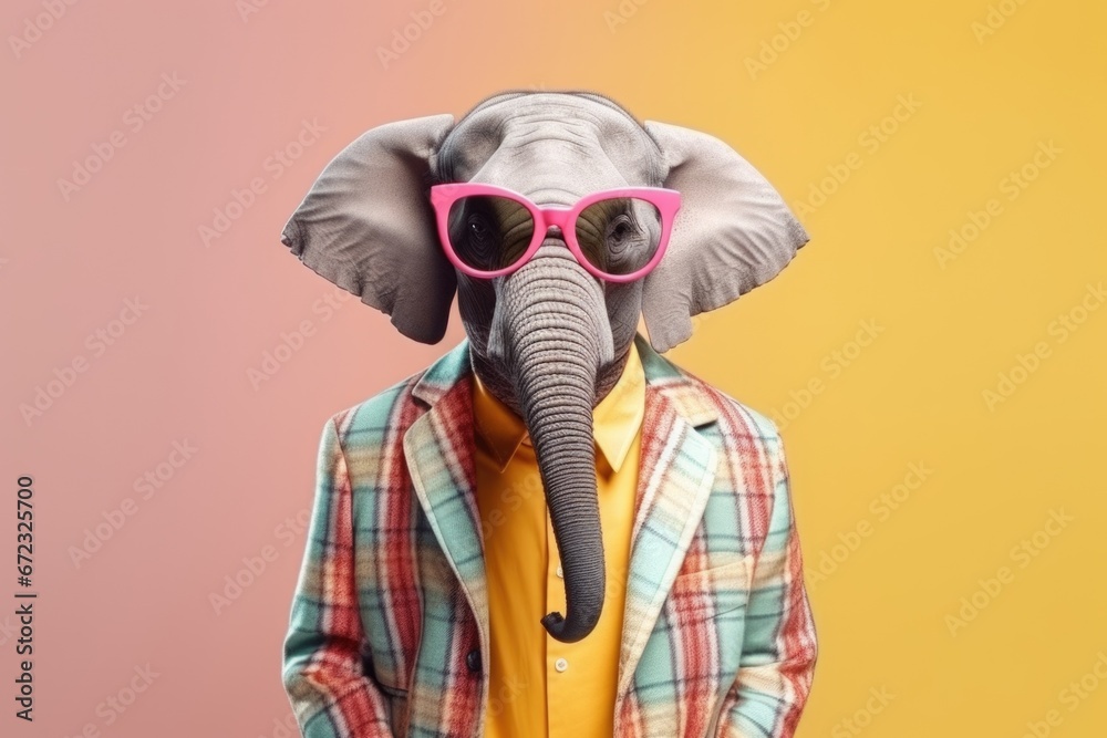 Cute elephant with pink glasses and colorful plaid jacket on a pink and yellow background. Cute elephant with pink glasses and colorful plaid jacket on a pink and yellow background.
