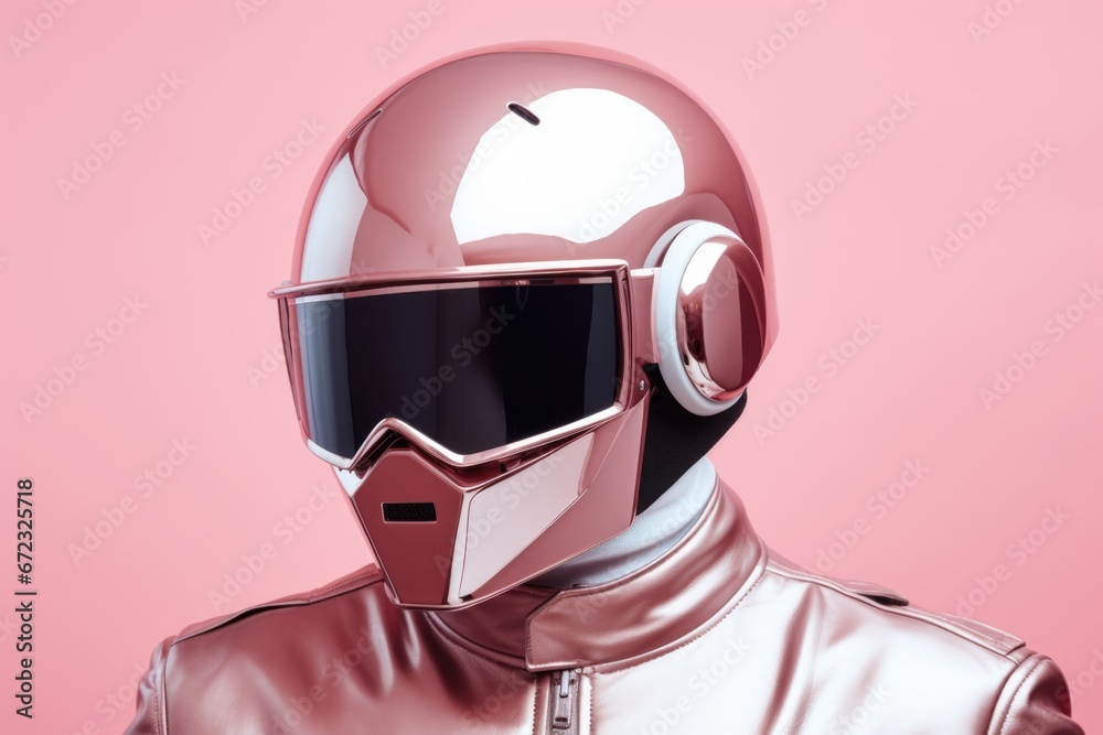 Man in pink racing suit with fashionable glossy helmet on pink background.