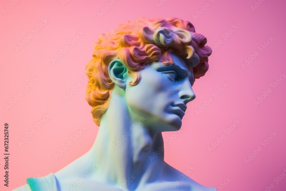 White sculpture of Apollo with multicolored rainbow hair on a pink bright background. White sculpture of Apollo with multicolored rainbow hair on a pink bright background.
