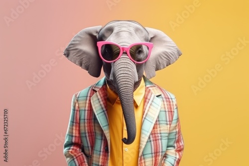 Cute elephant with pink glasses and colorful plaid jacket on a pink and yellow background. © Владимир Солдатов