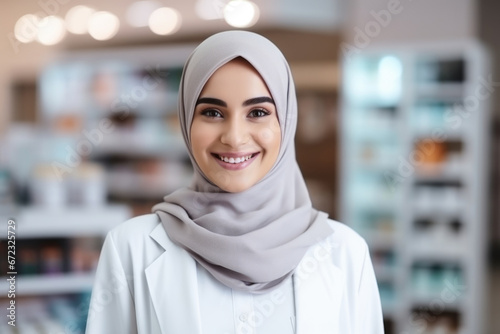 Portrait of a cute smiling Muslim pharmacist girl against a background of medicines. © Владимир Солдатов