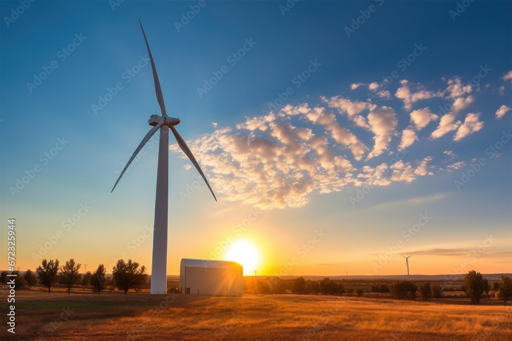 Obraz premium Solar renewable energy generating station Wind turbines in a solar renewable energy production plant In the blue sky at sunset Concept of renewable energy using wind turbines