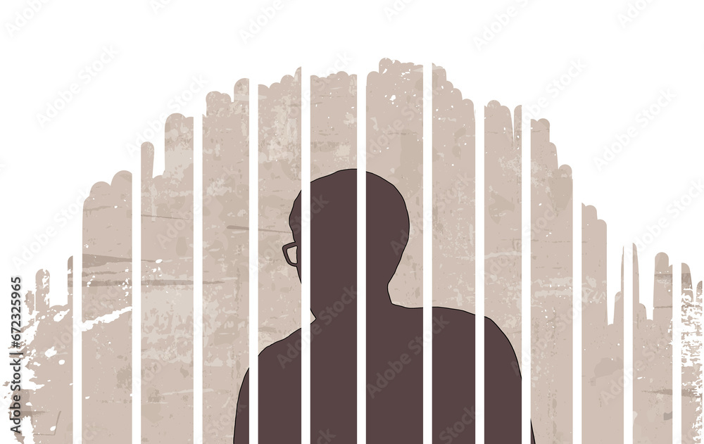 Man in jail illustration in the white background - obrazy, fototapety, plakaty 