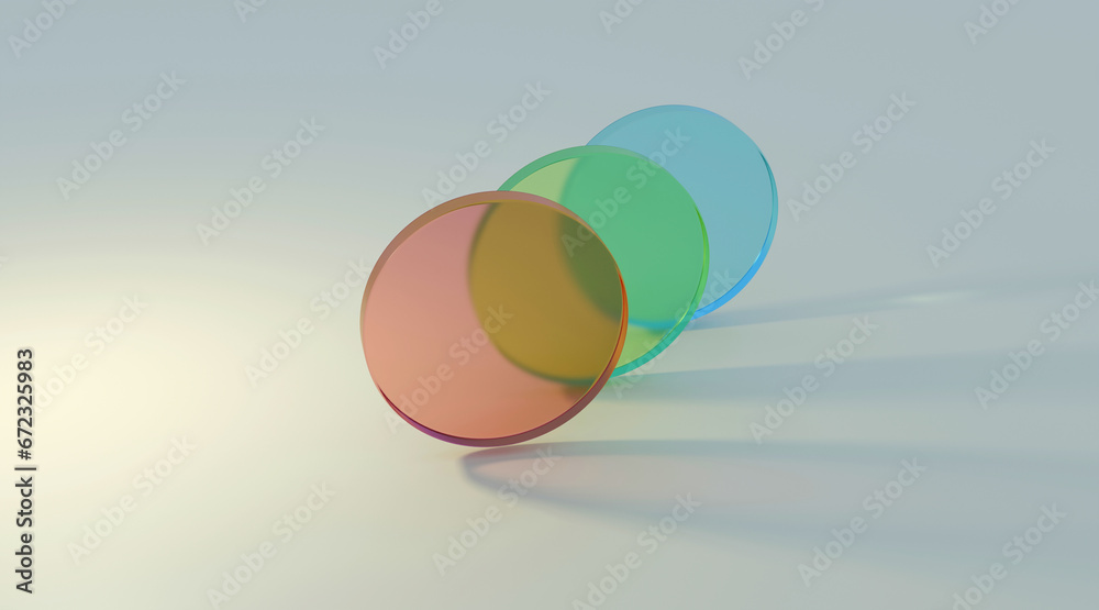 3D rendered illustration with glass cylinders in red, green and blue colors. A minimal abstract scene with geometrical forms on a light background. 3D rendered illustration with glass cylinders in red, green and blue colors. A minimal abstract scene with geometrical forms on a light background.