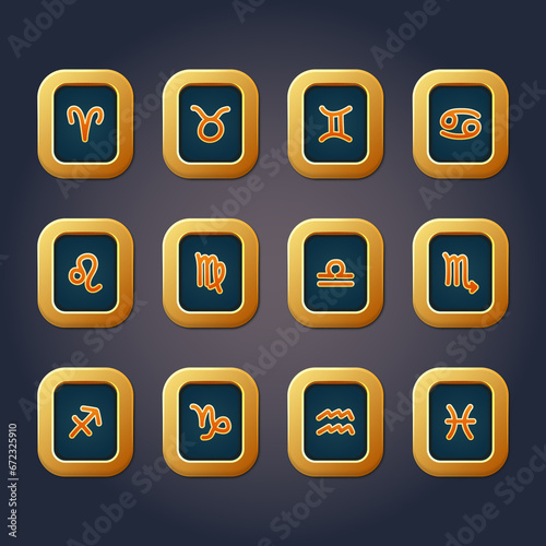 Zodiac buttons set. Horoscope and astrology symbols glossy icons with golden frame on dark background. Vector illustration.
