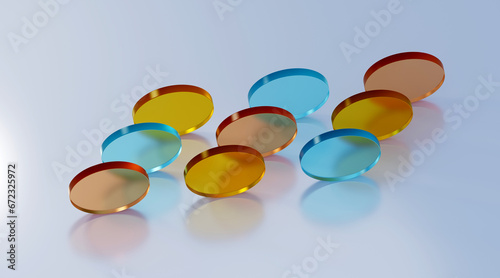 3D rendered illustration with glass cylinders in blue, yellow, and orange colors. A minimal abstract scene with geometrical forms on a light background.