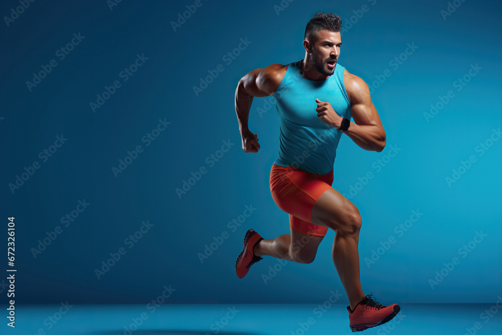 Attractive athlete man runner in action isolated on blue background Attractive athlete man runner in action isolated on blue background