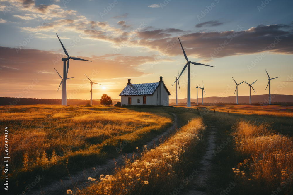 Obraz premium Solar renewable energy generating station Wind turbines and solar panels In the blue sky at sunset renewable energy concept