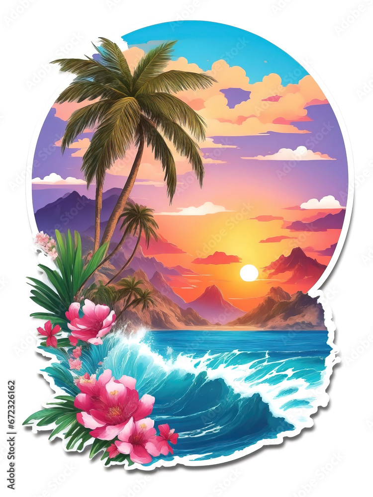 Palm tree on a tropical island with beach and sea waves, flat sticker illustration isolated on white. Palm tree on a tropical island with beach and sea waves, flat sticker illustration isolated on white.