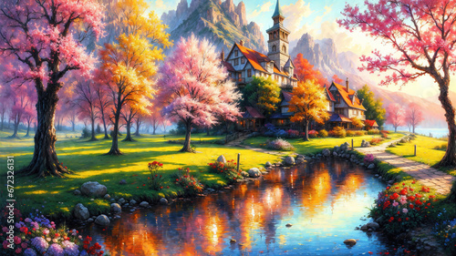 An autumn trees with orange yellow leaves near river  artistic vision of  beautiful autumn landscape  oil painting  on canvas