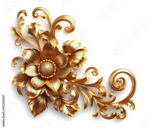 Gold flowers isolated on white, abstract floral background with metal golden flowers ornaments.