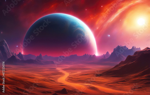 Landscape of an alien planet, beautiful view of red desert on another planet, fictional sci-fi background. © Cobalt