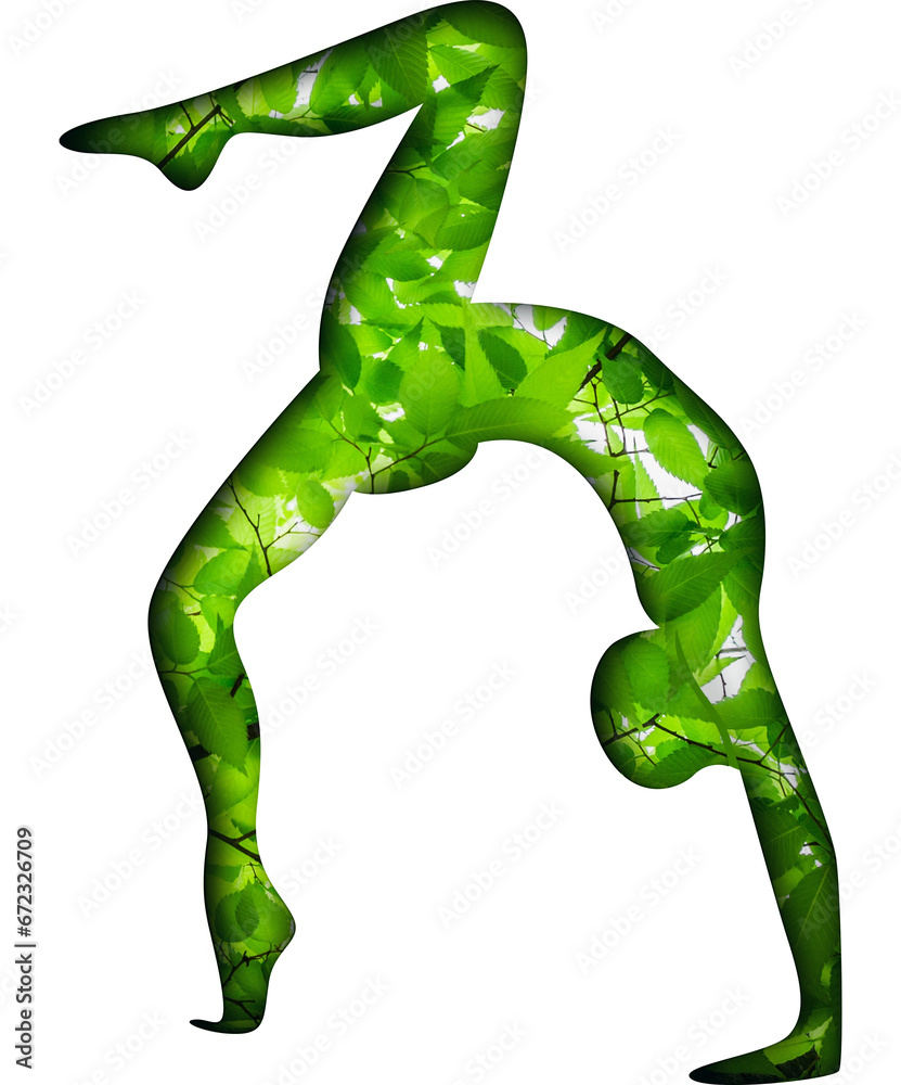 Yoga postures with green leaf print, nature effect.
This image is part of a set of 50 yoga poses perfect for creating beautiful designs, for your website, social networks, products, etc.