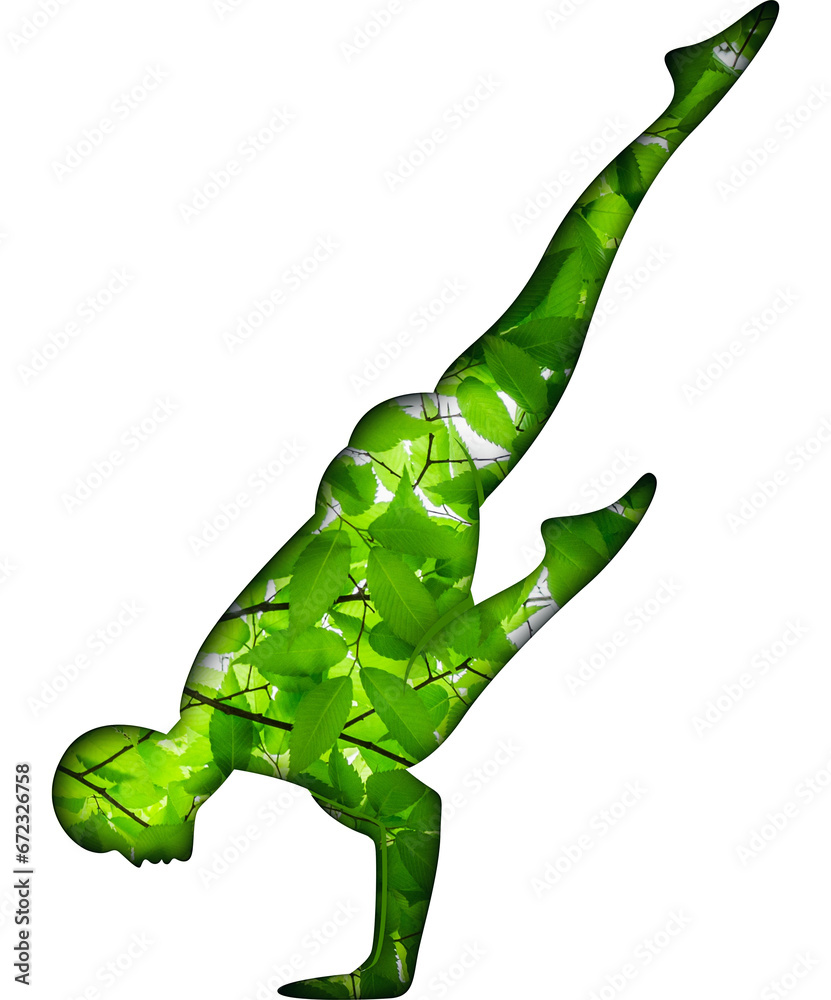 Fototapeta premium Yoga postures with green leaf print, nature effect. This image is part of a set of 50 yoga poses perfect for creating beautiful designs, for your website, social networks, products, etc.