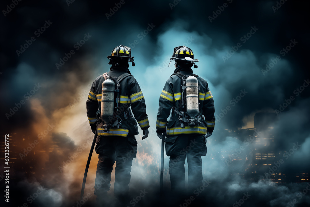 Firefighters look against the background of smoke Firefighters look against the background of smoke