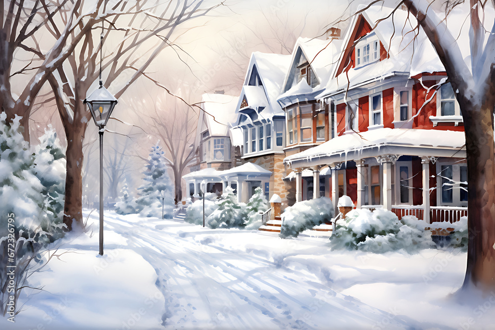 Fototapeta premium Watercolor painting realistic The atmosphere of houses with snow falling on Christmas Day.