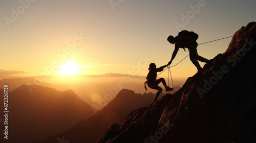 Summit Support: Silhouette of Man Offering Helping Hand While Climbing Mountain at Sunset.