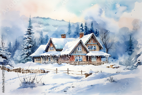 Watercolor painting realistic The atmosphere of houses with snow falling on Christmas Day.