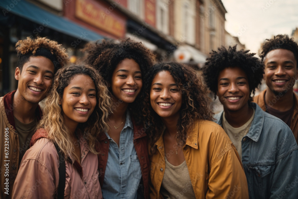 Multiethnic group of happy friends in the street Multiethnic group of happy friends in the street