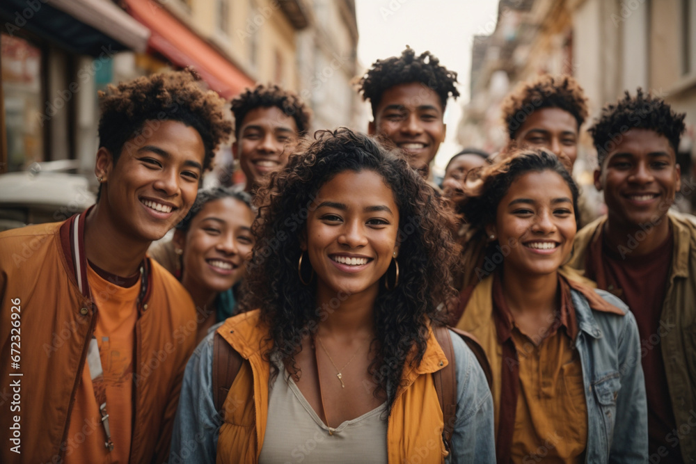 Multiethnic group of happy friends in the street