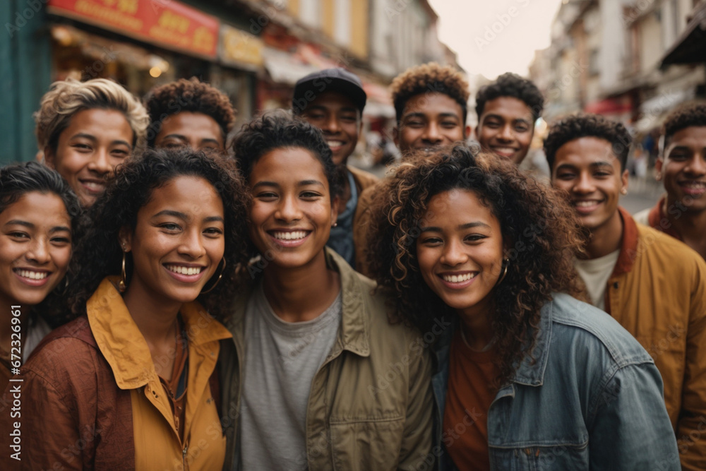 Multiethnic group of happy friends in the street Multiethnic group of happy friends in the street