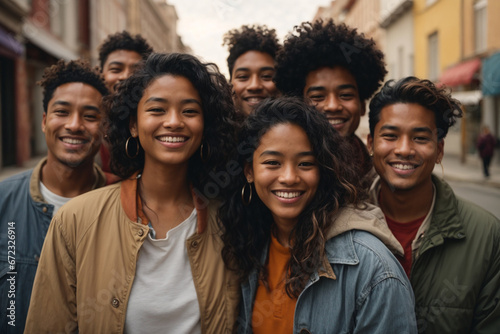 Multiethnic group of happy friends in the street
