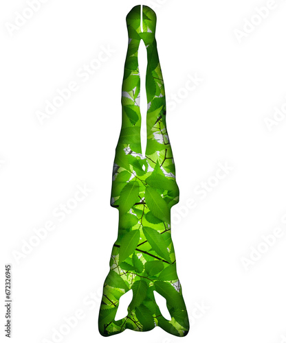 Yoga postures with green leaf print, nature effect. This image is part of a set of 50 yoga poses perfect for creating beautiful designs, for your website, social networks, products, etc.