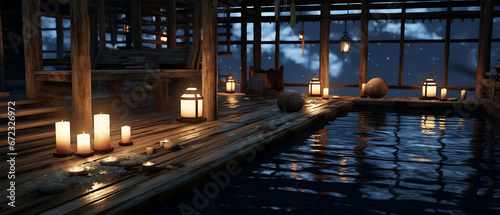 Luxurious Serenity: tranquility and well-being in a spa with a romantic, peaceful atmosphere. glow of candles and lantern in illuminated and relaxing environment. health care and zen wellness, night